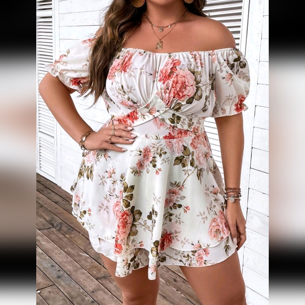 SHEIN VCAY Plus Floral Print Off Shoulder Puff Sleeve Ruched Bust Romper